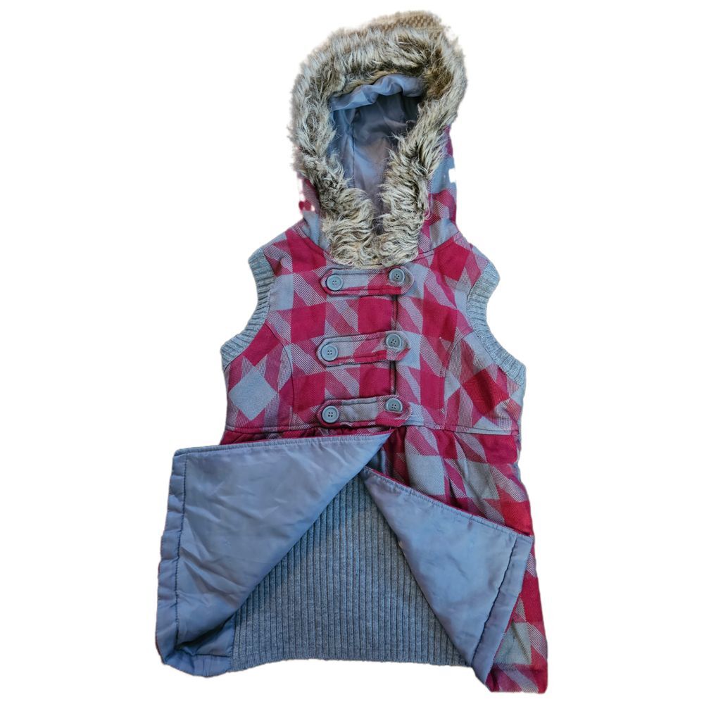 Bongo Houndstooth Pink & Gray Faux Fur Hooded Vest -‎ Women's Medium